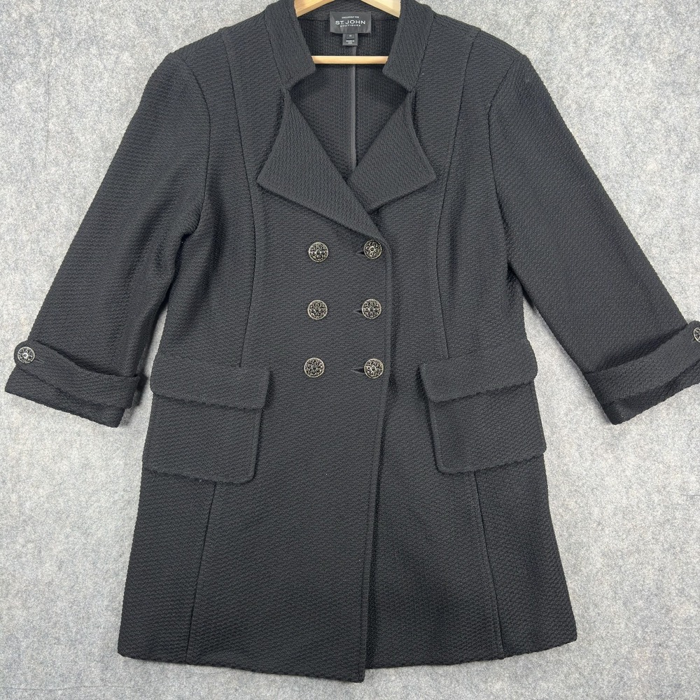 St John Boutique Blazer Jacket Womens 14 Black Wool Double Breasted Pea Coat‎